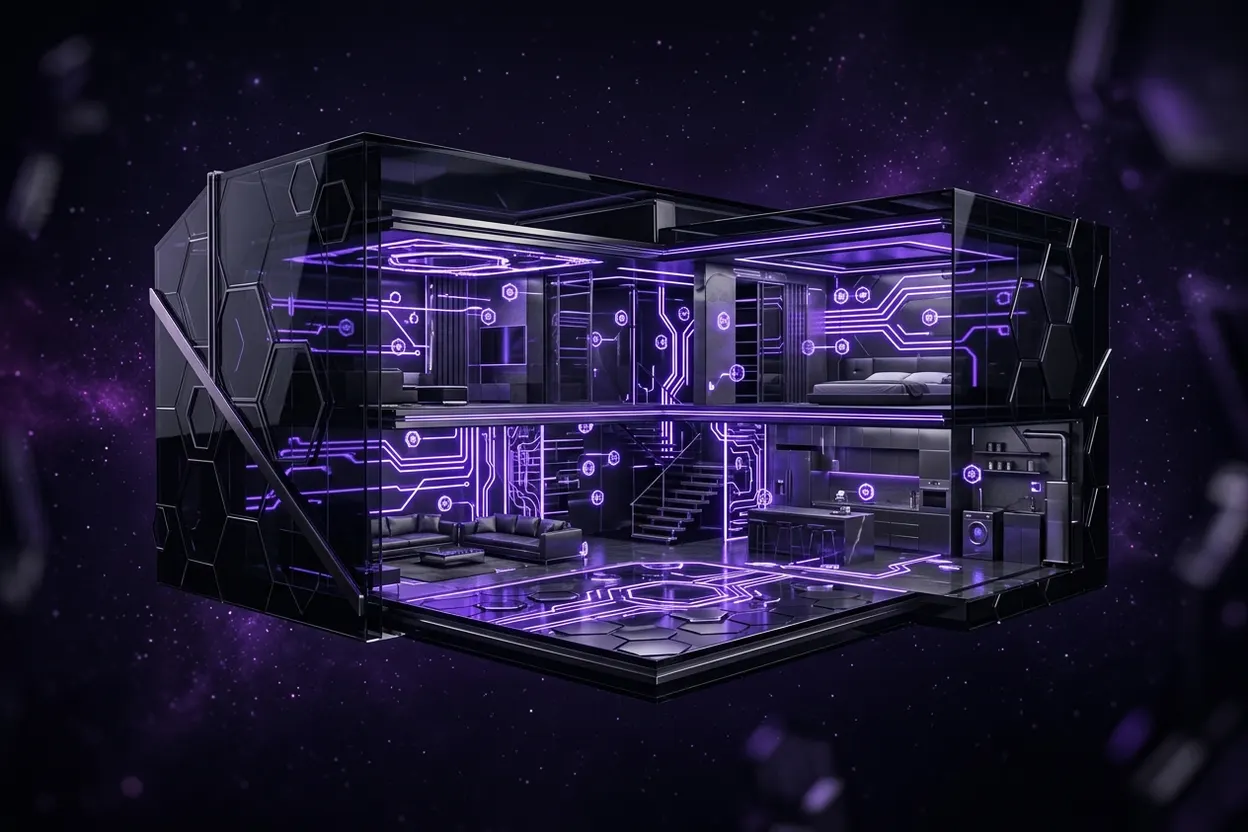 Abstract visual of a smart home with glowing purple circuit lines