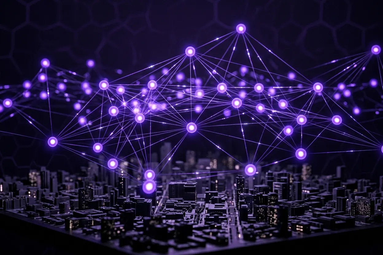 Abstract visual of a glowing IoT sensor network above a miniature city