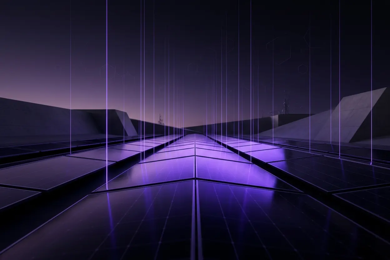 Abstract visual of solar panels reflecting purple light