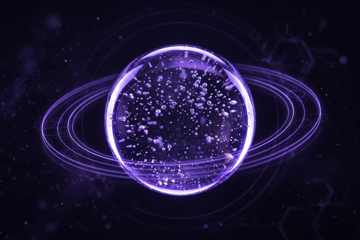Abstract visual of a sphere of water with purple light refractions